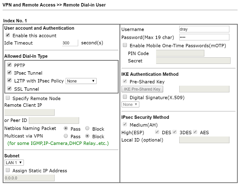 a screenshot of DrayOS Remote Dial-in User profile